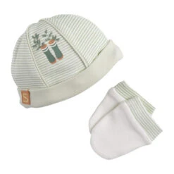 Bonnet + Moufles Naissance Vert SAUTHON Botanica