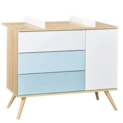 Commode Seventies SAUTHON Chêne/Blanc/Bleu -Sauthon seventies commode 1p 3t 8