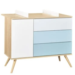 Commode Seventies SAUTHON Chêne/Blanc/Bleu -Sauthon seventies commode 1p 3t 9